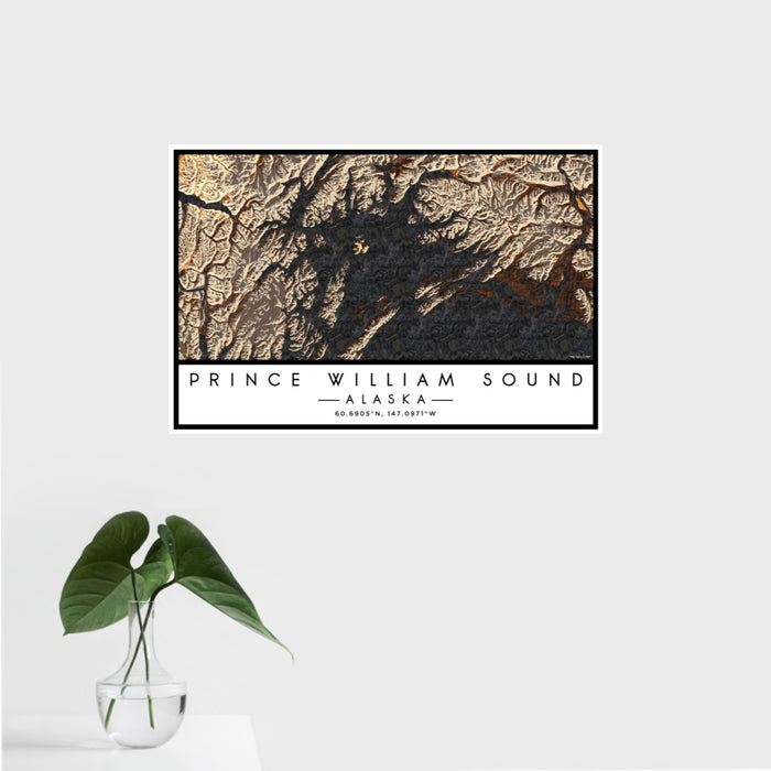 16x24 Prince William Sound Alaska Map Print Landscape Orientation in Ember Style With Tropical Plant Leaves in Water