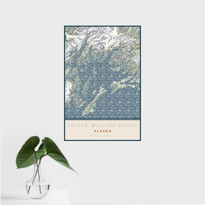 16x24 Prince William Sound Alaska Map Print Portrait Orientation in Woodblock Style With Tropical Plant Leaves in Water