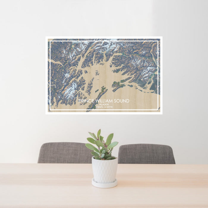 24x36 Prince William Sound Alaska Map Print Lanscape Orientation in Afternoon Style Behind 2 Chairs Table and Potted Plant
