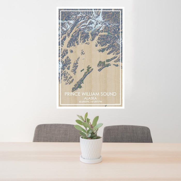 24x36 Prince William Sound Alaska Map Print Portrait Orientation in Afternoon Style Behind 2 Chairs Table and Potted Plant