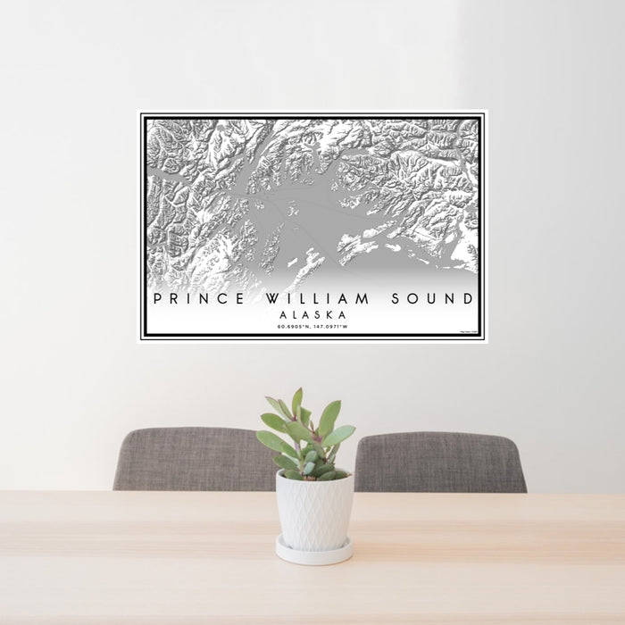 24x36 Prince William Sound Alaska Map Print Lanscape Orientation in Classic Style Behind 2 Chairs Table and Potted Plant