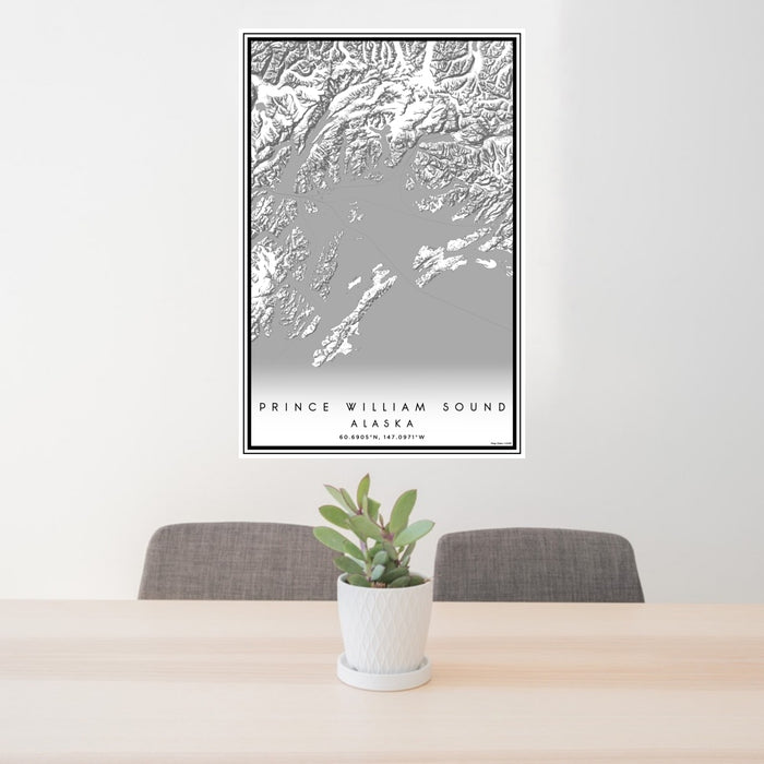 24x36 Prince William Sound Alaska Map Print Portrait Orientation in Classic Style Behind 2 Chairs Table and Potted Plant