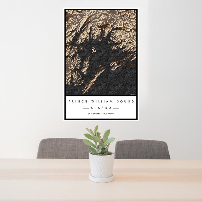 24x36 Prince William Sound Alaska Map Print Portrait Orientation in Ember Style Behind 2 Chairs Table and Potted Plant