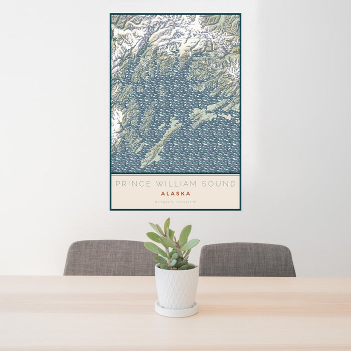 24x36 Prince William Sound Alaska Map Print Portrait Orientation in Woodblock Style Behind 2 Chairs Table and Potted Plant
