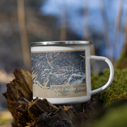Right View Custom Prince William Sound Alaska Map Enamel Mug in Afternoon on Grass With Trees in Background