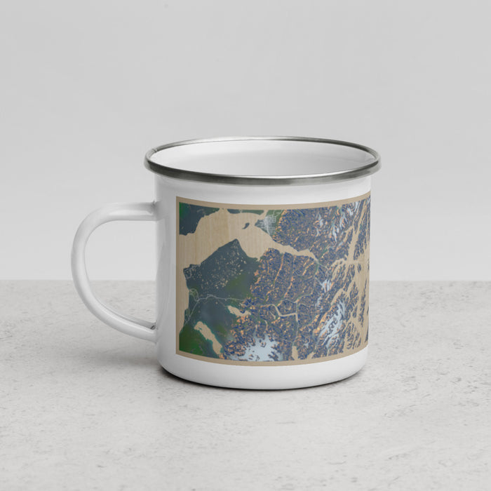 Left View Custom Prince William Sound Alaska Map Enamel Mug in Afternoon