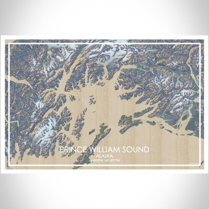 Prince William Sound Alaska Map Print Landscape Orientation in Afternoon Style With Shaded Background