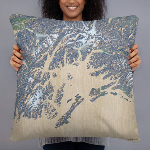 Person holding 22x22 Custom Prince William Sound Alaska Map Throw Pillow in Afternoon