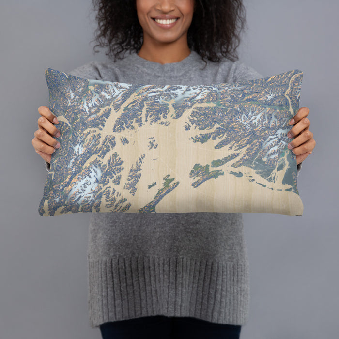 Person holding 20x12 Custom Prince William Sound Alaska Map Throw Pillow in Afternoon