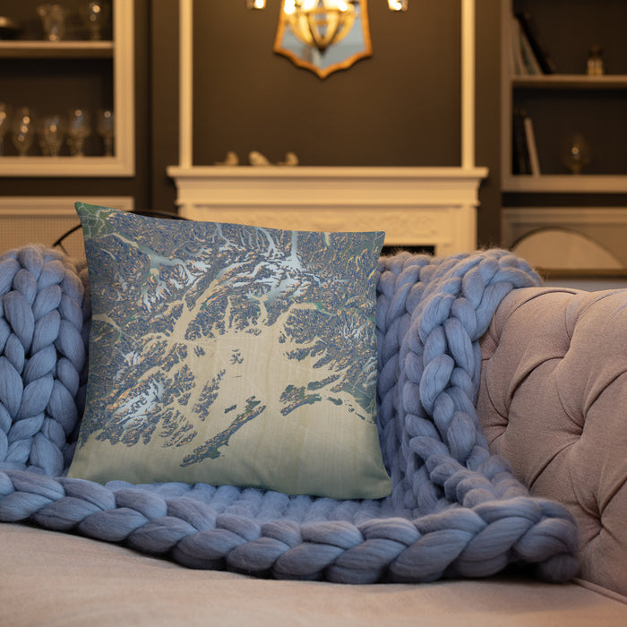 Custom Prince William Sound Alaska Map Throw Pillow in Afternoon on Cream Colored Couch