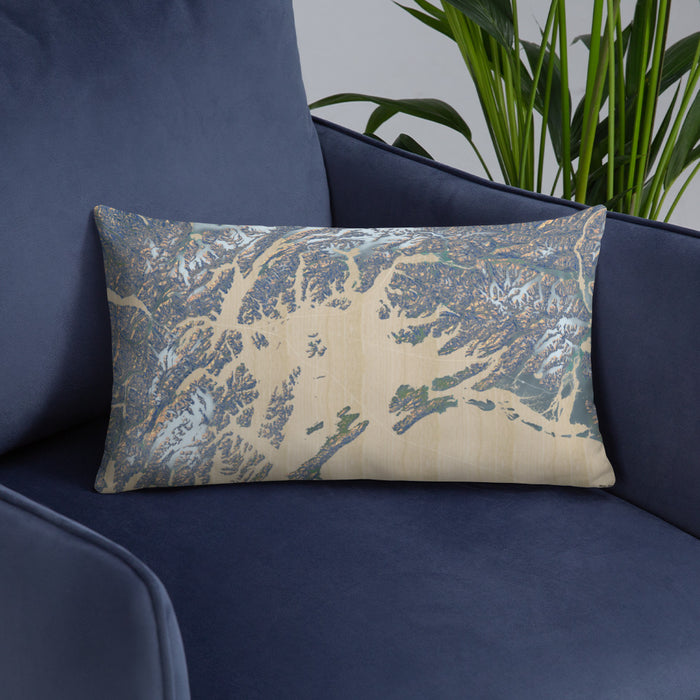 Custom Prince William Sound Alaska Map Throw Pillow in Afternoon on Blue Colored Chair
