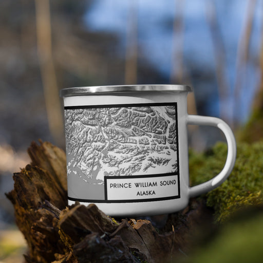 Right View Custom Prince William Sound Alaska Map Enamel Mug in Classic on Grass With Trees in Background