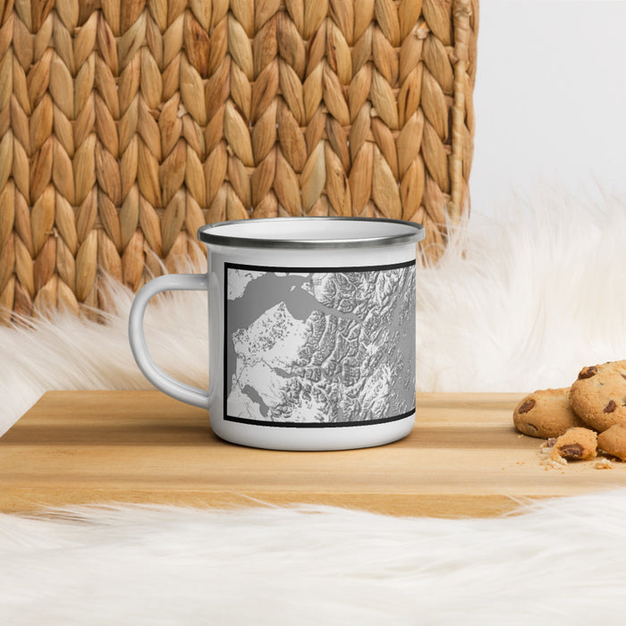 Left View Custom Prince William Sound Alaska Map Enamel Mug in Classic on Table Top