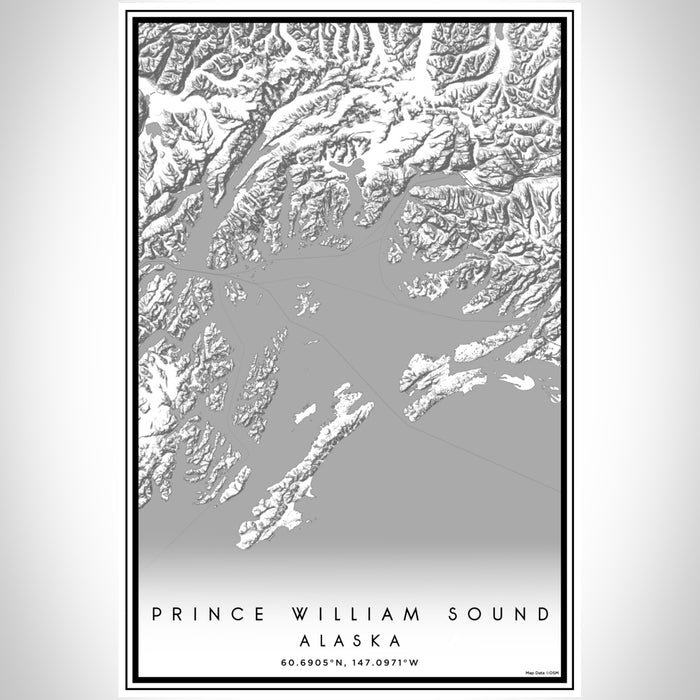 Prince William Sound Alaska Map Print Portrait Orientation in Classic Style With Shaded Background
