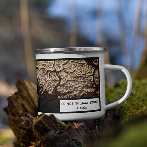 Right View Custom Prince William Sound Alaska Map Enamel Mug in Ember on Grass With Trees in Background