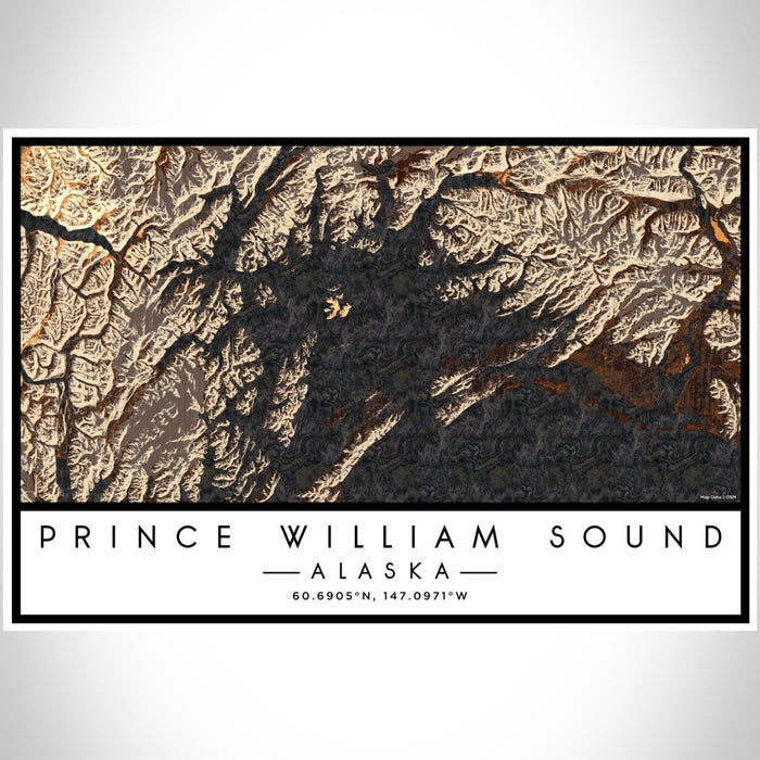 Prince William Sound Alaska Map Print Landscape Orientation in Ember Style With Shaded Background