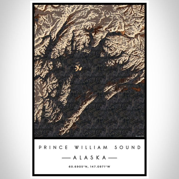 Prince William Sound Alaska Map Print Portrait Orientation in Ember Style With Shaded Background