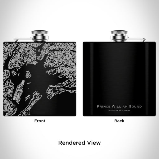 Rendered View of Prince William Sound Alaska Map Engraving on 6oz Stainless Steel Flask in Black