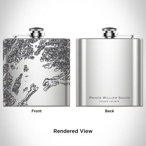 Rendered View of Prince William Sound Alaska Map Engraving on 6oz Stainless Steel Flask