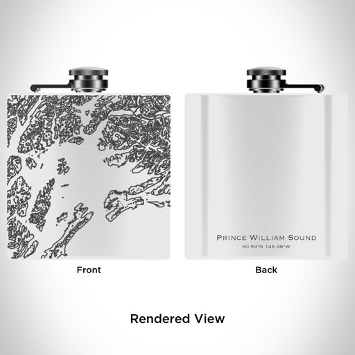 Rendered View of Prince William Sound Alaska Map Engraving on 6oz Stainless Steel Flask in White