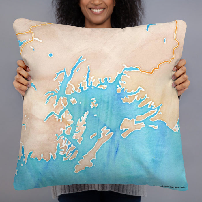 Person holding 22x22 Custom Prince William Sound Alaska Map Throw Pillow in Watercolor