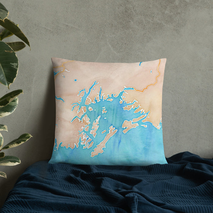 Custom Prince William Sound Alaska Map Throw Pillow in Watercolor on Bedding Against Wall