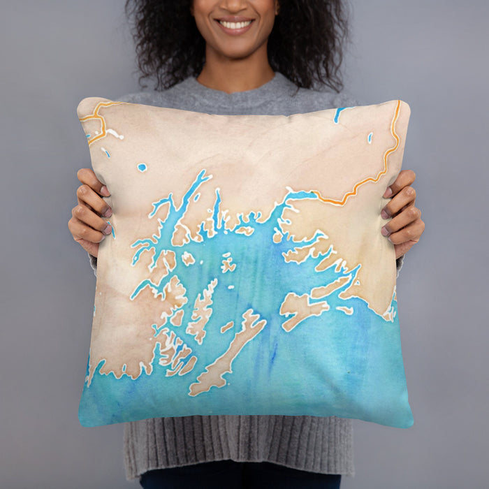 Person holding 18x18 Custom Prince William Sound Alaska Map Throw Pillow in Watercolor