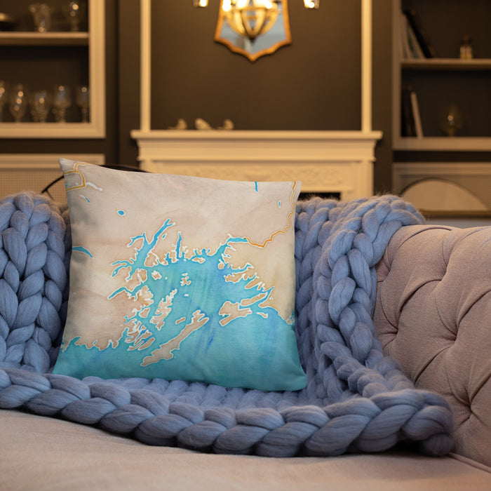 Custom Prince William Sound Alaska Map Throw Pillow in Watercolor on Cream Colored Couch