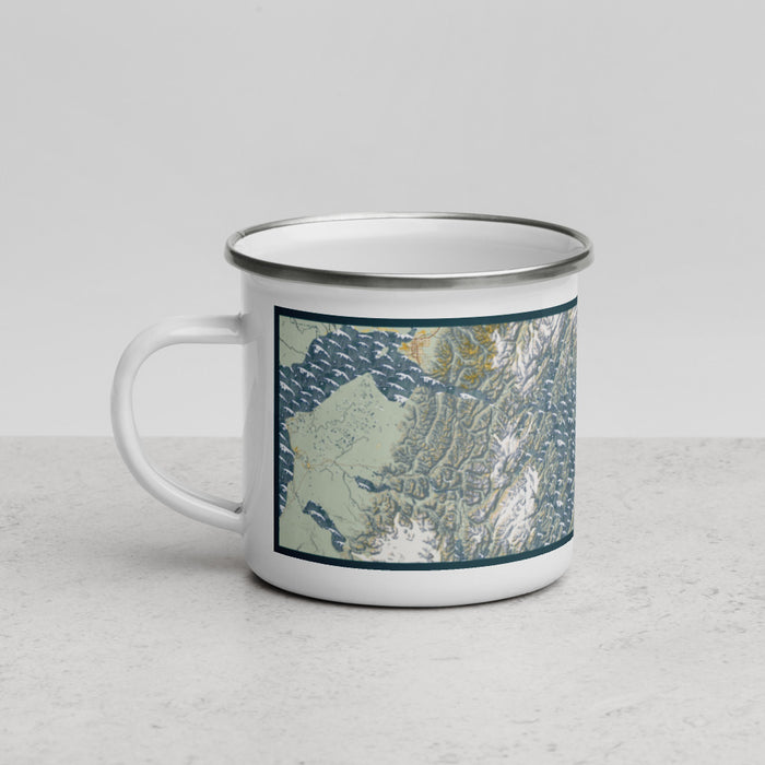 Left View Custom Prince William Sound Alaska Map Enamel Mug in Woodblock