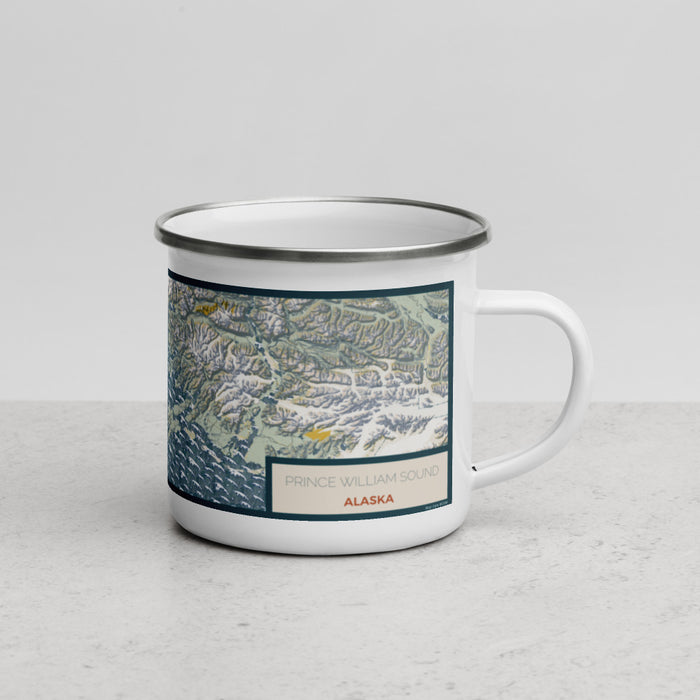 Right View Custom Prince William Sound Alaska Map Enamel Mug in Woodblock