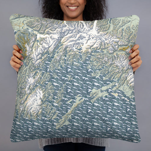 Person holding 22x22 Custom Prince William Sound Alaska Map Throw Pillow in Woodblock