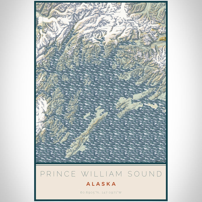 Prince William Sound Alaska Map Print Portrait Orientation in Woodblock Style With Shaded Background