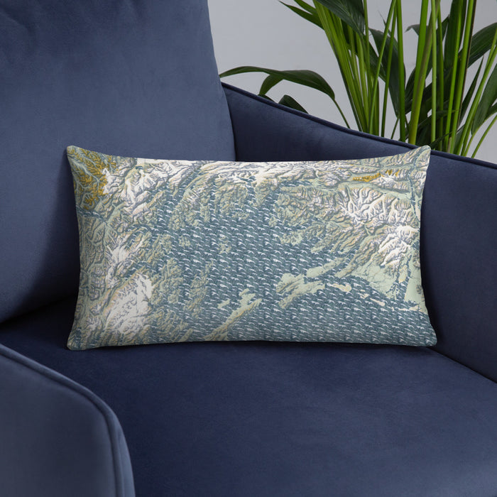 Custom Prince William Sound Alaska Map Throw Pillow in Woodblock on Blue Colored Chair