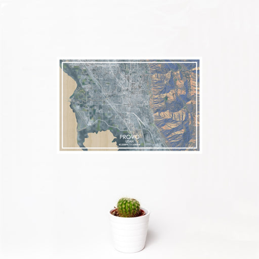 12x18 Provo Utah Map Print Landscape Orientation in Afternoon Style With Small Cactus Plant in White Planter