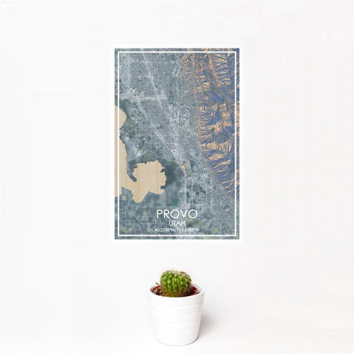 12x18 Provo Utah Map Print Portrait Orientation in Afternoon Style With Small Cactus Plant in White Planter