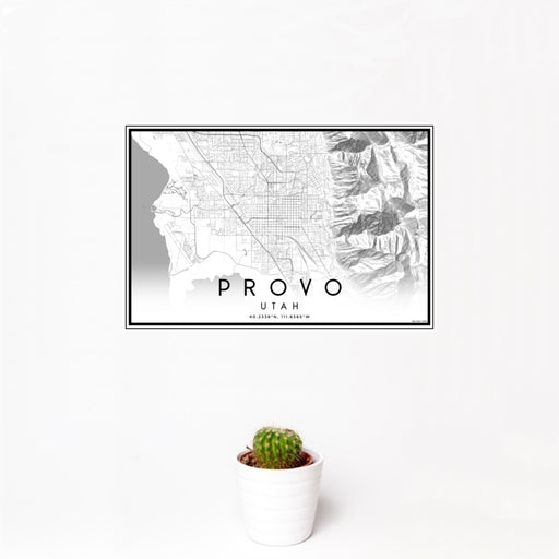 12x18 Provo Utah Map Print Landscape Orientation in Classic Style With Small Cactus Plant in White Planter