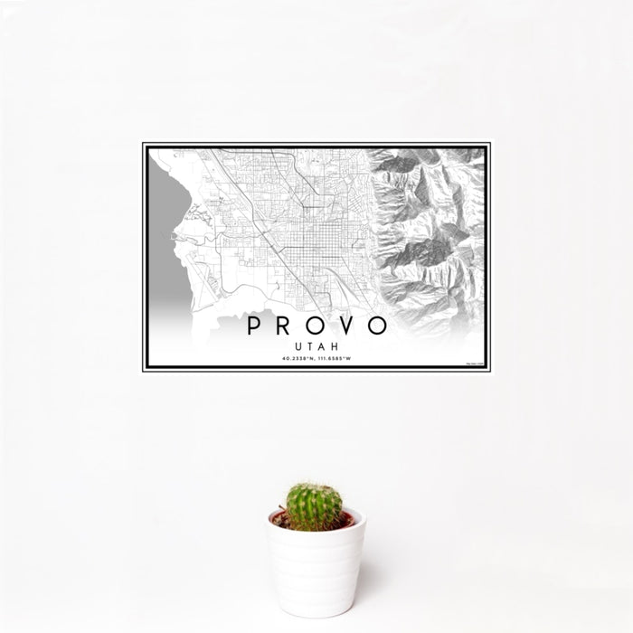 12x18 Provo Utah Map Print Landscape Orientation in Classic Style With Small Cactus Plant in White Planter