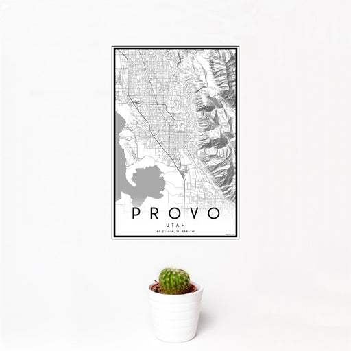 12x18 Provo Utah Map Print Portrait Orientation in Classic Style With Small Cactus Plant in White Planter