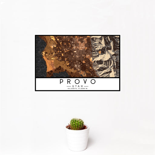 12x18 Provo Utah Map Print Landscape Orientation in Ember Style With Small Cactus Plant in White Planter