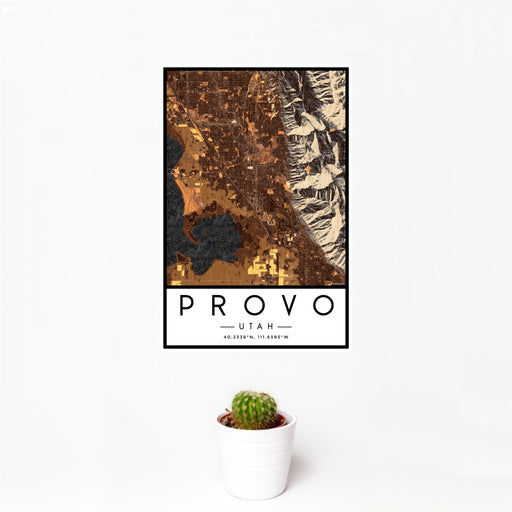 12x18 Provo Utah Map Print Portrait Orientation in Ember Style With Small Cactus Plant in White Planter