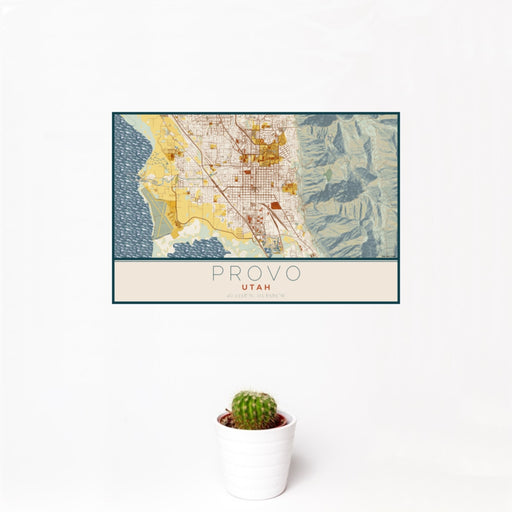 12x18 Provo Utah Map Print Landscape Orientation in Woodblock Style With Small Cactus Plant in White Planter