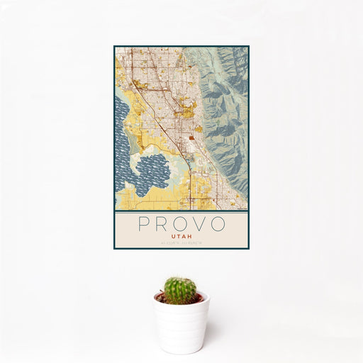 12x18 Provo Utah Map Print Portrait Orientation in Woodblock Style With Small Cactus Plant in White Planter