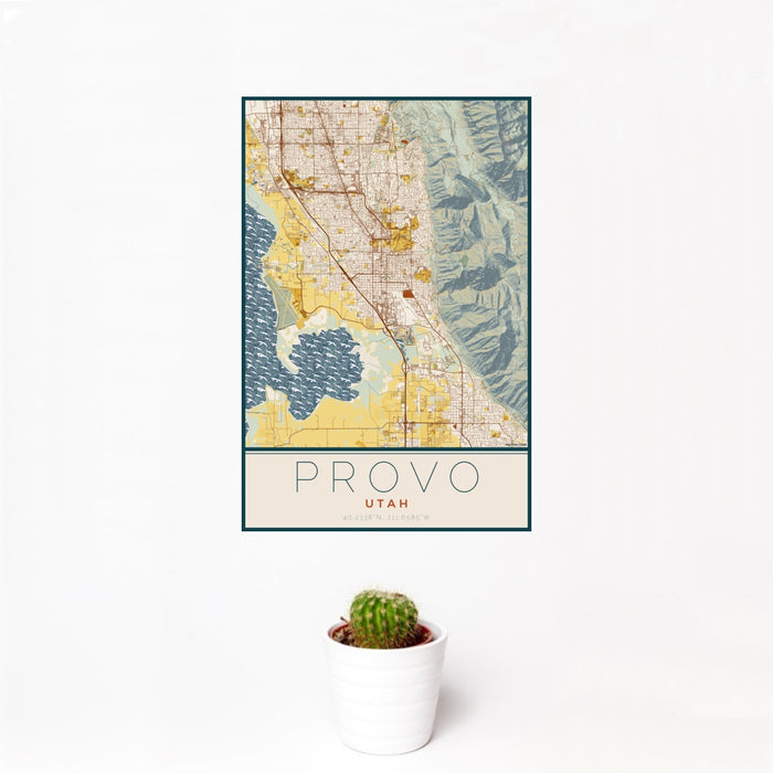 12x18 Provo Utah Map Print Portrait Orientation in Woodblock Style With Small Cactus Plant in White Planter