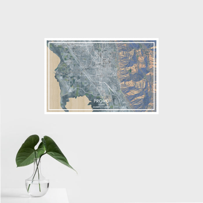 16x24 Provo Utah Map Print Landscape Orientation in Afternoon Style With Tropical Plant Leaves in Water