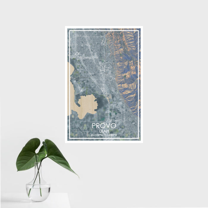 16x24 Provo Utah Map Print Portrait Orientation in Afternoon Style With Tropical Plant Leaves in Water