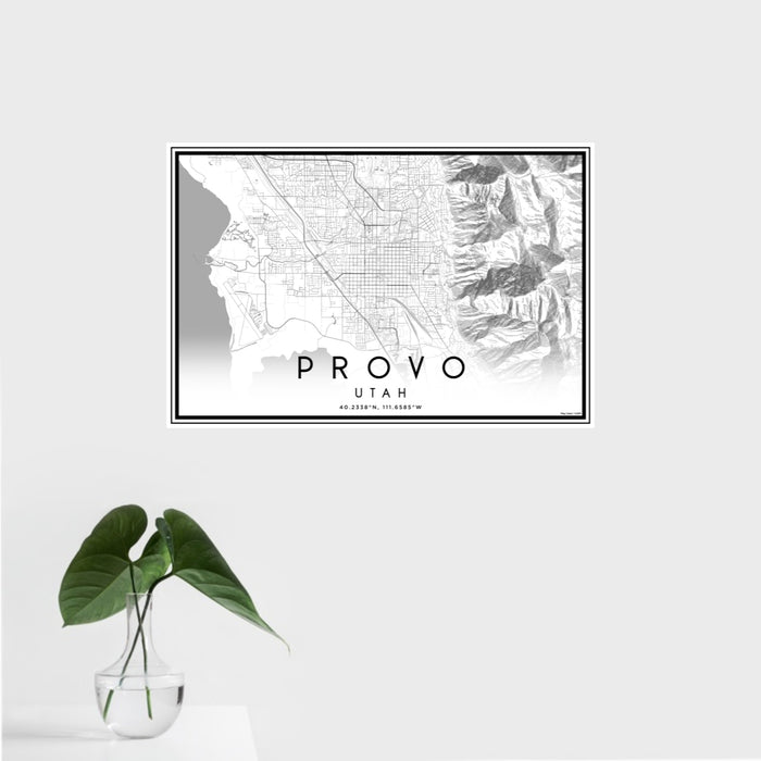 16x24 Provo Utah Map Print Landscape Orientation in Classic Style With Tropical Plant Leaves in Water