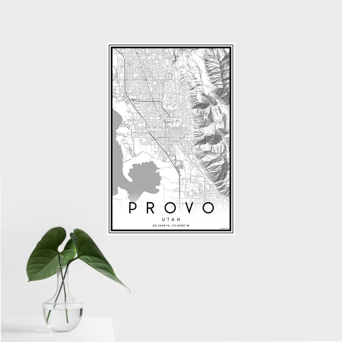 16x24 Provo Utah Map Print Portrait Orientation in Classic Style With Tropical Plant Leaves in Water