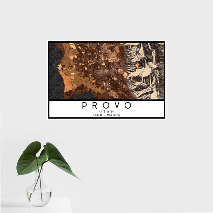 16x24 Provo Utah Map Print Landscape Orientation in Ember Style With Tropical Plant Leaves in Water