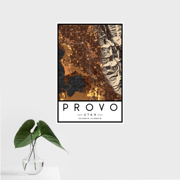 16x24 Provo Utah Map Print Portrait Orientation in Ember Style With Tropical Plant Leaves in Water