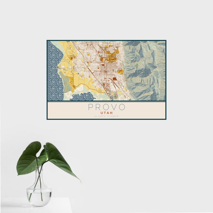 16x24 Provo Utah Map Print Landscape Orientation in Woodblock Style With Tropical Plant Leaves in Water